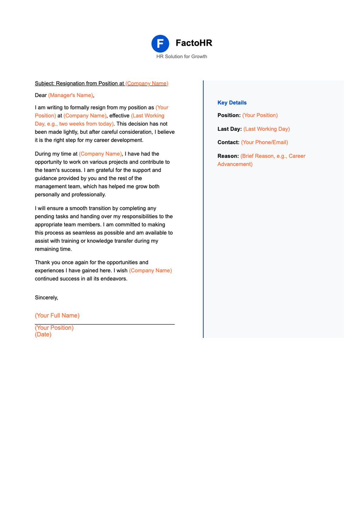 FactoHR branded resignation letter template with placeholder fields_variant_2